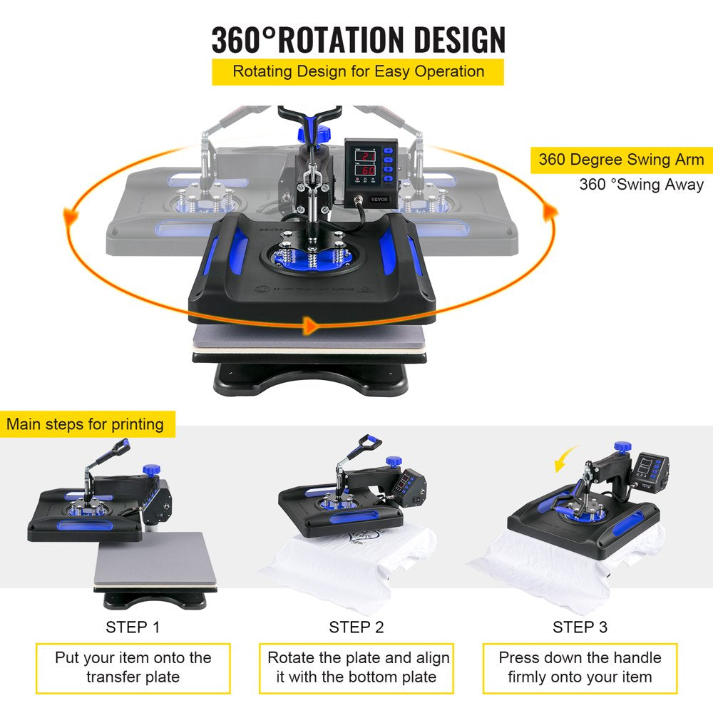 VEVORbrand 8 in 1 Heat Press Machine 15" x 15" upgraded Sublimation Machine 800W Rotation Swing Away Heat Press Dual-Tube Heating for DIY T-Shirts Cap And Mugs