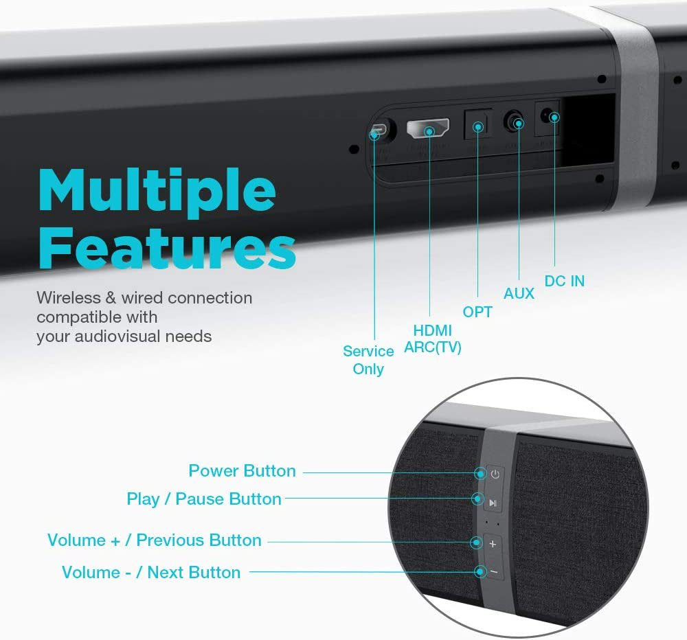 Sound Bars for TV, Bluetooth Soundbar for TV, 50W TV Sound Bar with 4 Drivers and Remote Control, Home Audio TV Speakers Sound Bar with ARC/Optical/AUX Connect