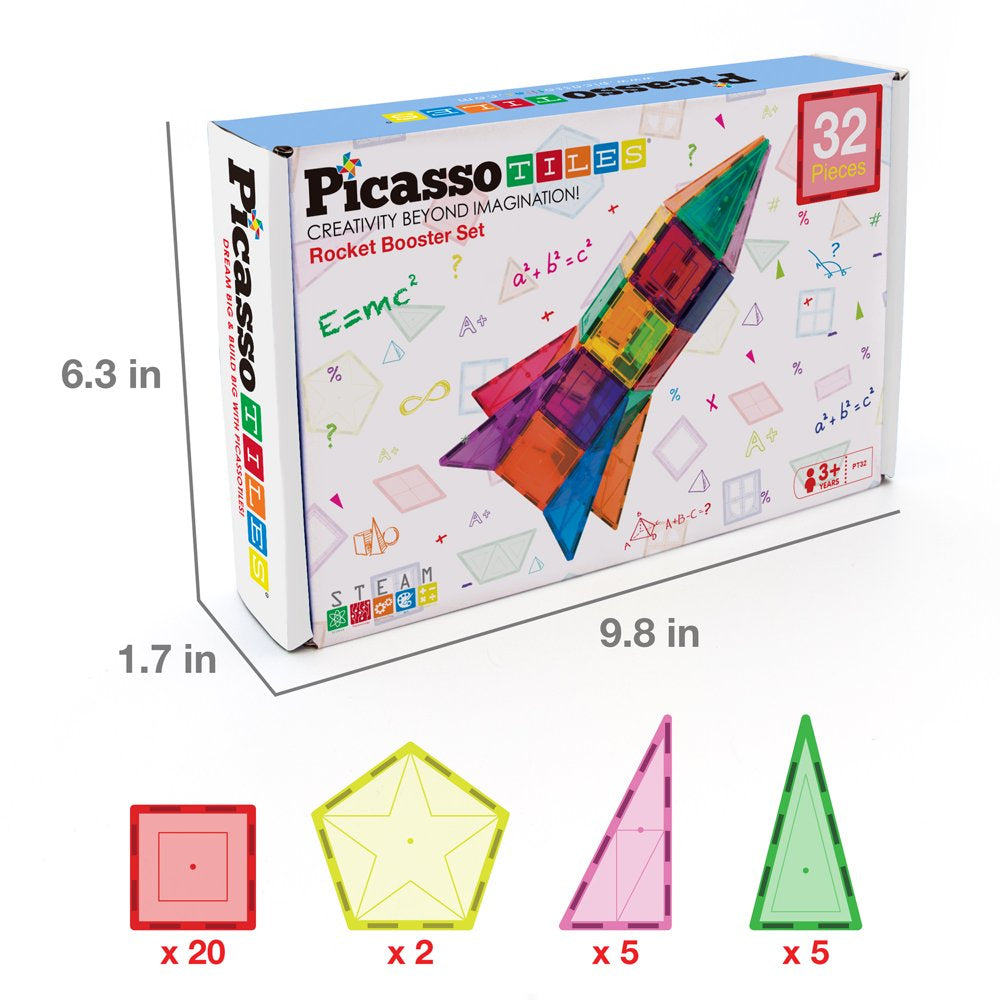 PicassoTiles 32 Piece Magnetic Building Block Rocket Booster Theme Set, Multicolor