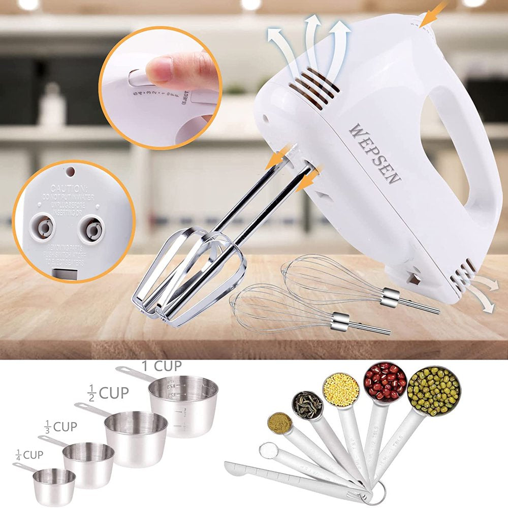 Electric Hand Mixer Mixing Bowls Set, Upgrade 5-Speeds Mixers with Silver Nesting Stainless Steel Mixing Bowl, Measuring Cups and Spoons Whisk Blender - Baking Supplies for Cooking