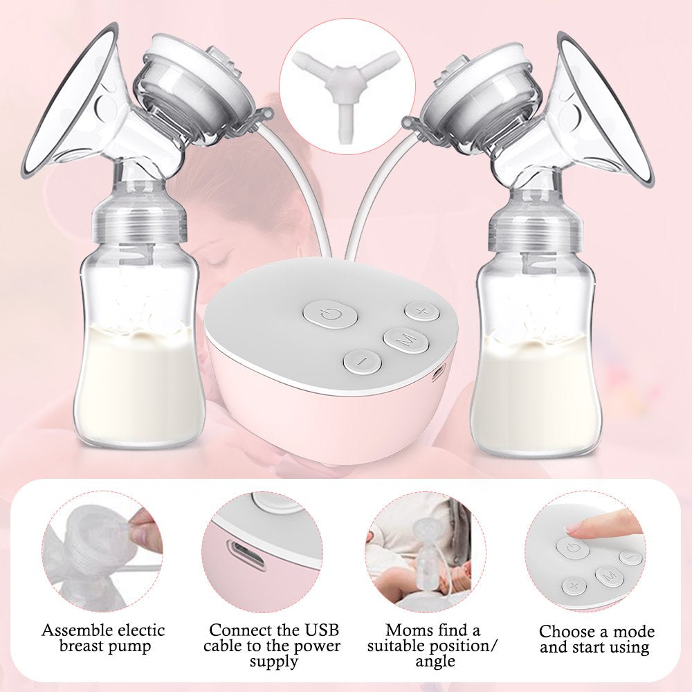 Double Electric Breast Pump, Rechargeable Portable Dual Breastfeeding Pump Anti-Backflow with Milk Collect Function Strong Suction 3 Modes 9 Levels, Pink