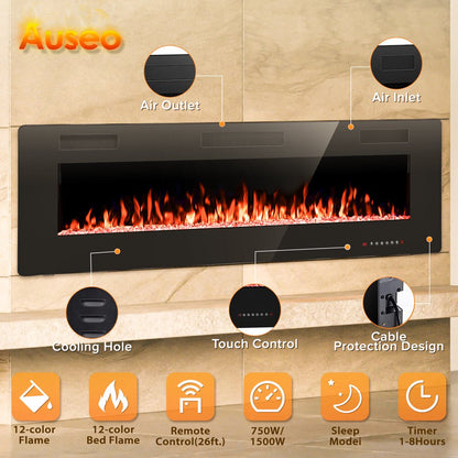 Auseo 60 inch Embedded Wall Mounted Indoor Fireplace, Ultra-thin Low Noise Lightweight LED Fireplace Heater, Touch Screen, Timer, 1500W, Adjustable Flame Color and Speed, Black