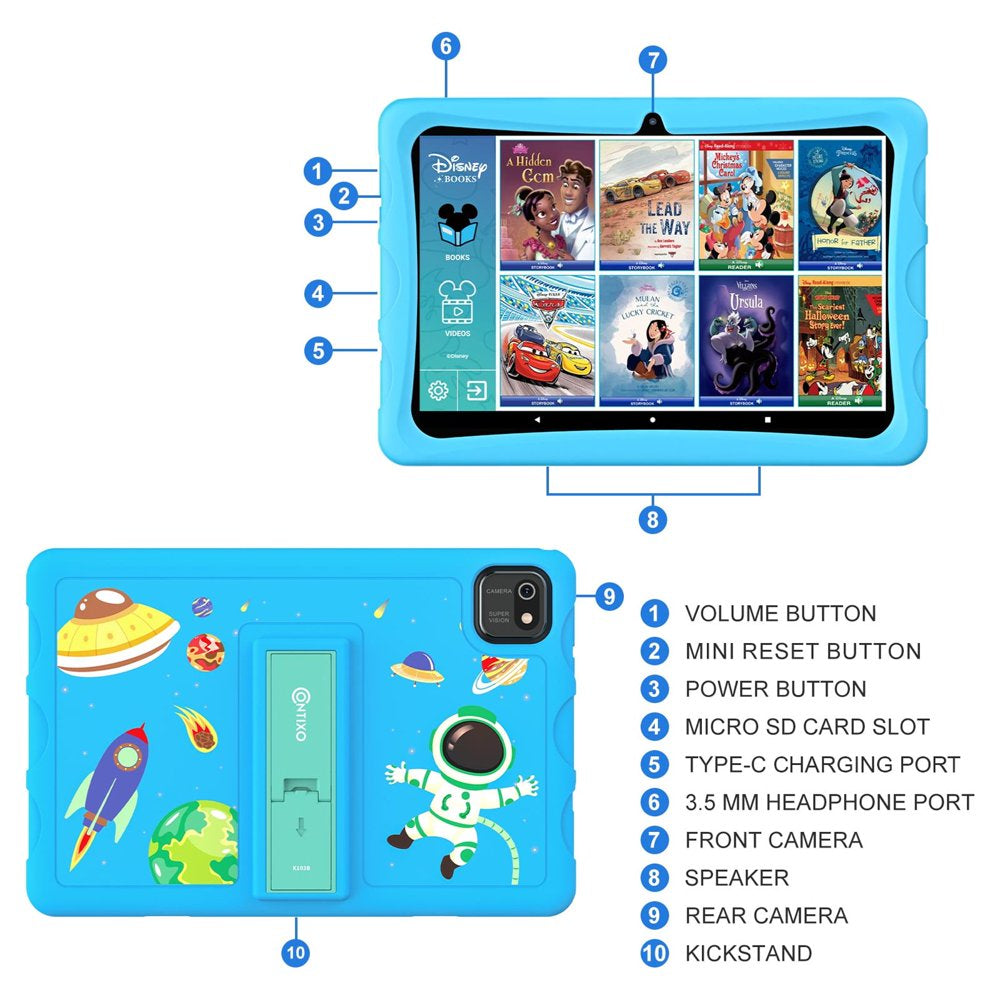 Contixo 10" Android Kids Tablet 64GB, Includes 80+ DisneyStorybooks & Stickers, Kid-Proof Case with Kickstand, (2023 Model) - Blue