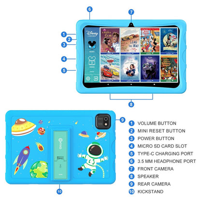 Contixo 10" Android Kids Tablet 64GB, Includes 80+ DisneyStorybooks & Stickers, Kid-Proof Case with Kickstand, (2023 Model) - Blue