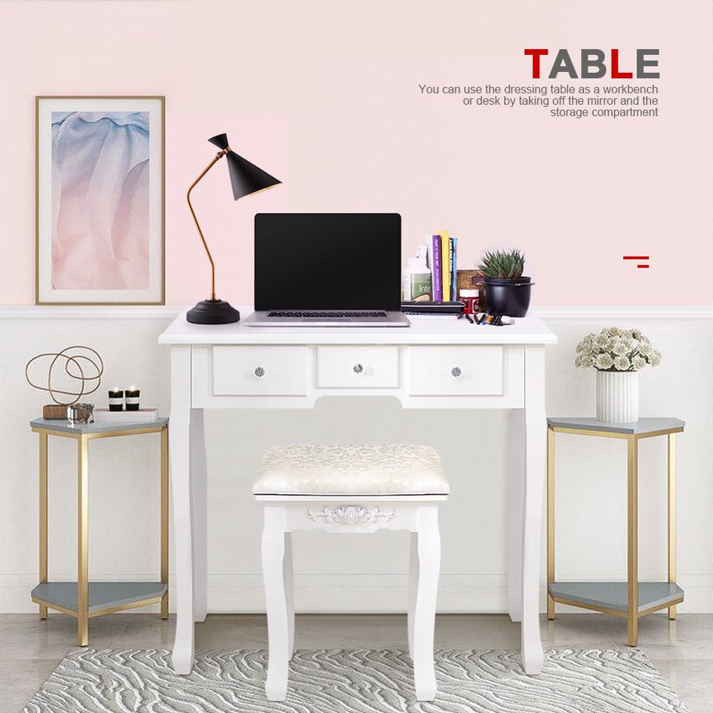 Ktaxon Vanity Table 10 LED Lights, 5 Drawers Makeup Dressing Desk with Cushioned Stool Set,Bedroom Vanities Set White