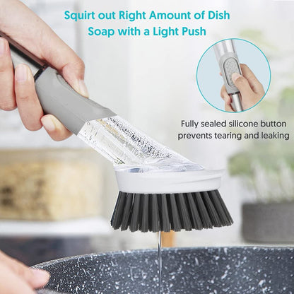 SUGARDAY Soap Dispensing Dish Brush Set Kitchen Scrub Brush with Stand 3 Brush Replacement Heads