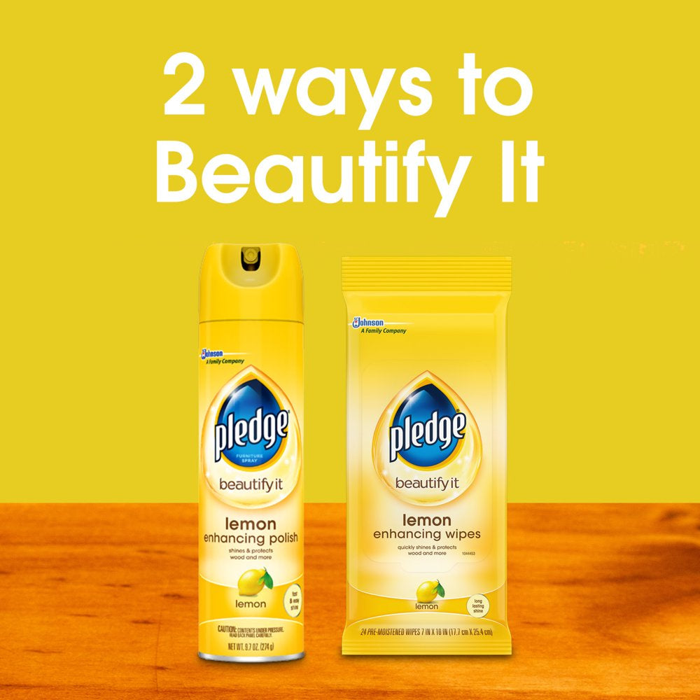 Pledge Beautify It Lemon Enhancing Wipes - Conveniently Dust, Clean and Shine Wood, Stainless Steel and More, 24Ct