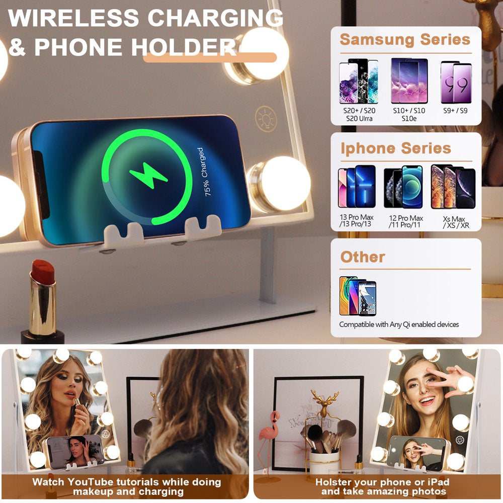  Bluetooth Hollywood Vanity Mirror with Lights Wireless Charging Tabletop Metal White