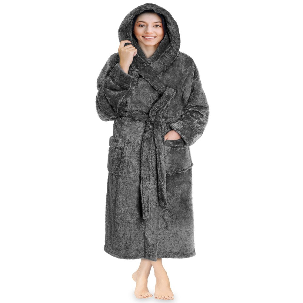 PAVILIA Women Hooded Plush Soft Robe | Fluffy Warm Fleece Sherpa Shaggy Bathrobe (S/M, Black)