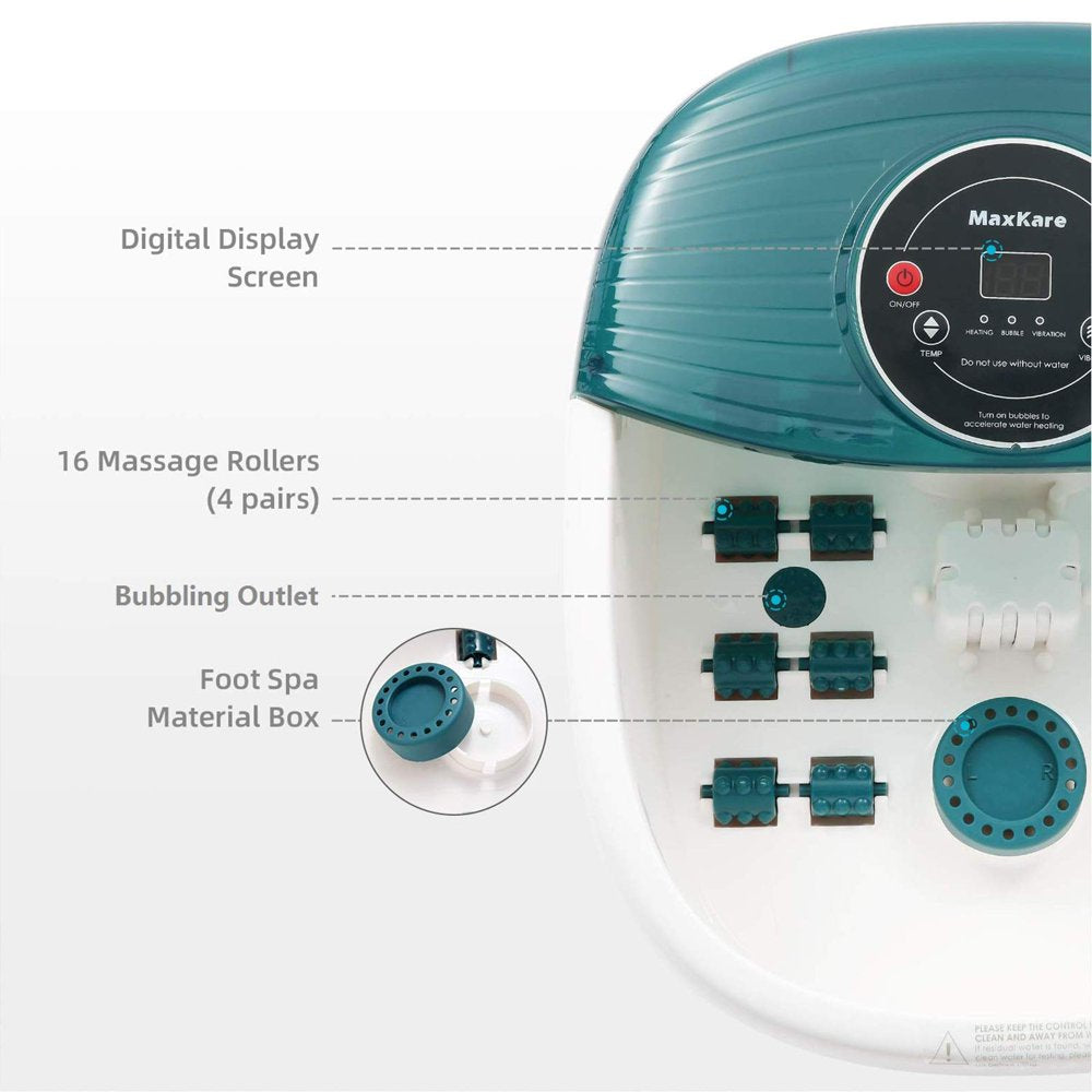 MaxKare Foot Spa Bath Massager with Heat, Bubbles, and Vibration, Digital Temperature Control, 16 Detachable Massage Rollers, Soothe and Comfort Feet