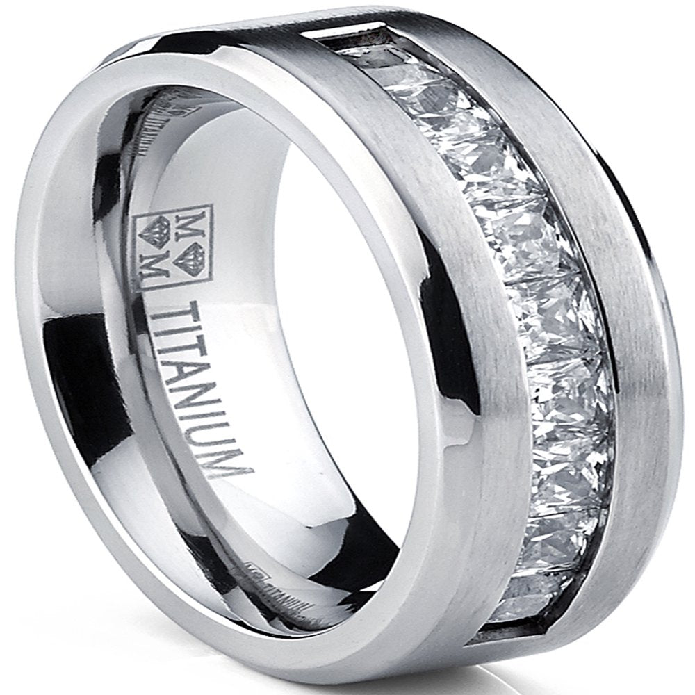 Titanium Men's .9Ct Wedding Band Engagement Ring Simulated Diamond 9 large Princess Cut Cubic Zirconia