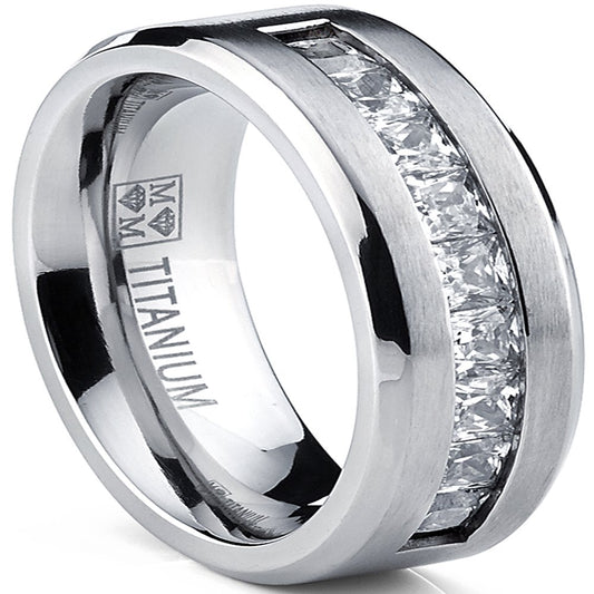 Titanium Men's .9Ct Wedding Band Engagement Ring Simulated Diamond 9 large Princess Cut Cubic Zirconia