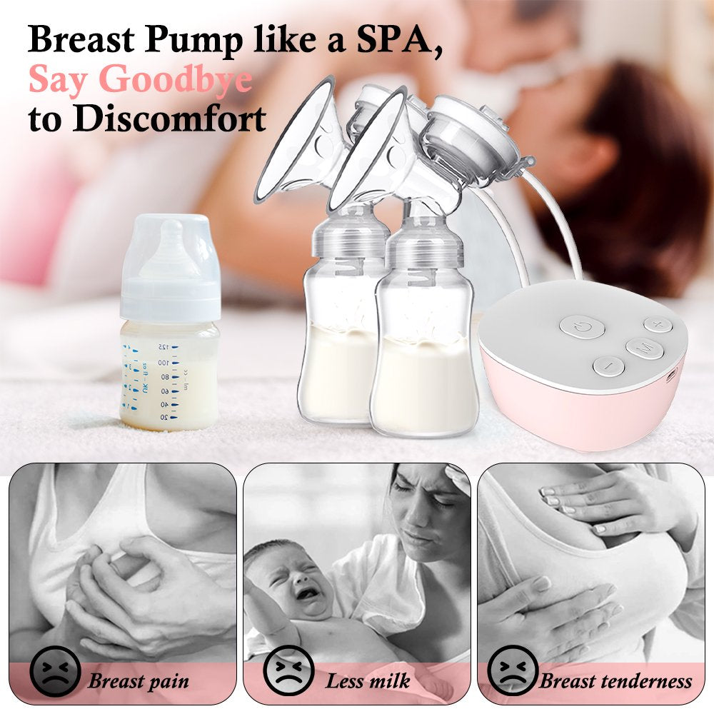 Double Electric Breast Pump, Rechargeable Portable Dual Breastfeeding Pump Anti-Backflow with Milk Collect Function Strong Suction 3 Modes 9 Levels, Pink