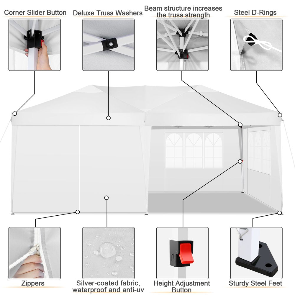 SANOPY 10' x 20' EZ Pop Up Canopy Tent Party Tent Outdoor Event Instant Tent Gazebo with 6 Removable Sidewalls and Carry Bag, White