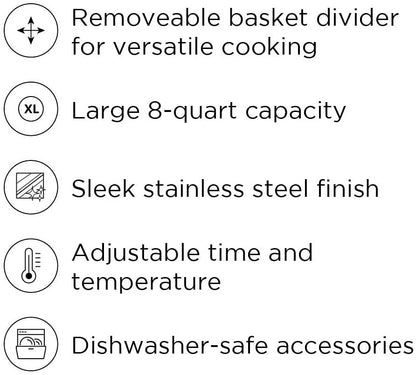 Chefman Turbo Fry Stainless Steel Air Fryer with Basket Divider, 8 Quart