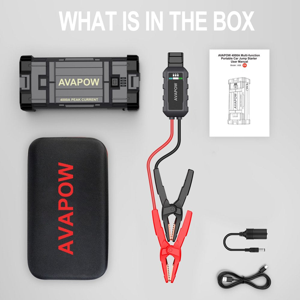 AVAPOW Car Jump Starter, 4000A Peak 27800mAh Battery Jump Starter (for All Gas or Up to 10L Diesel), Battery Booster Power Pack, 12V Auto Jump Box with LED Light, USB Quick Charge 3.0