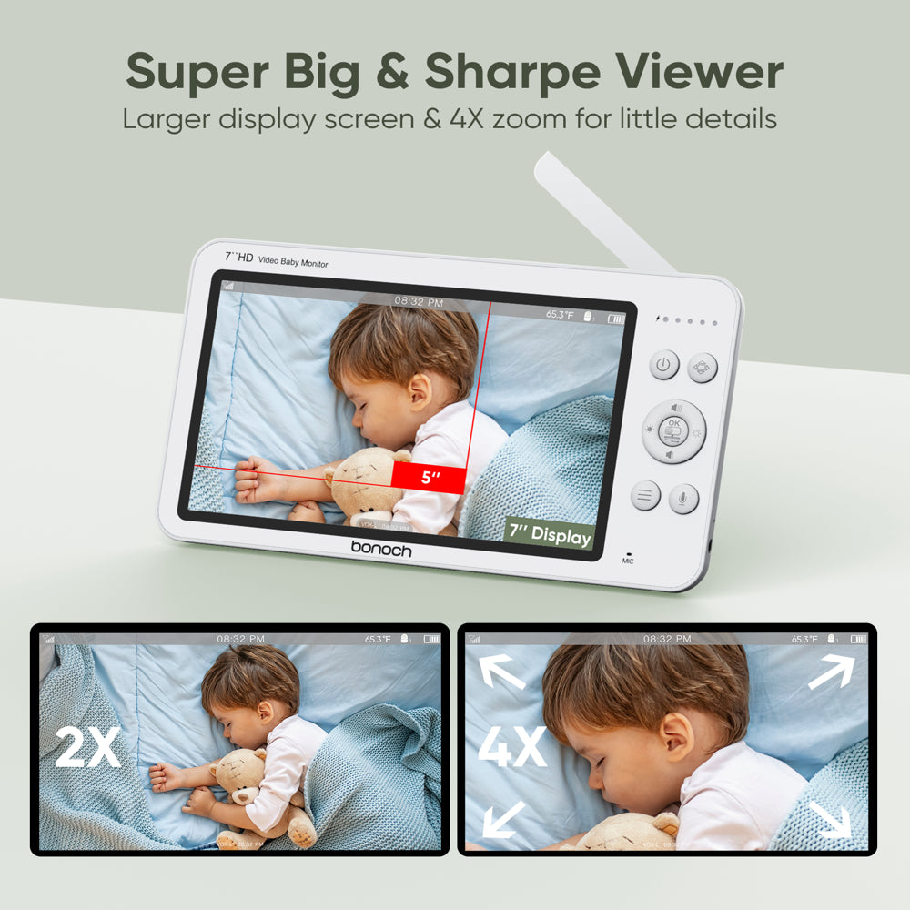 bonoch Baby Monitor with 2 Cameras 7" 720P HD LCD Split Screen Video Audio No WiFi Auto Night Vision