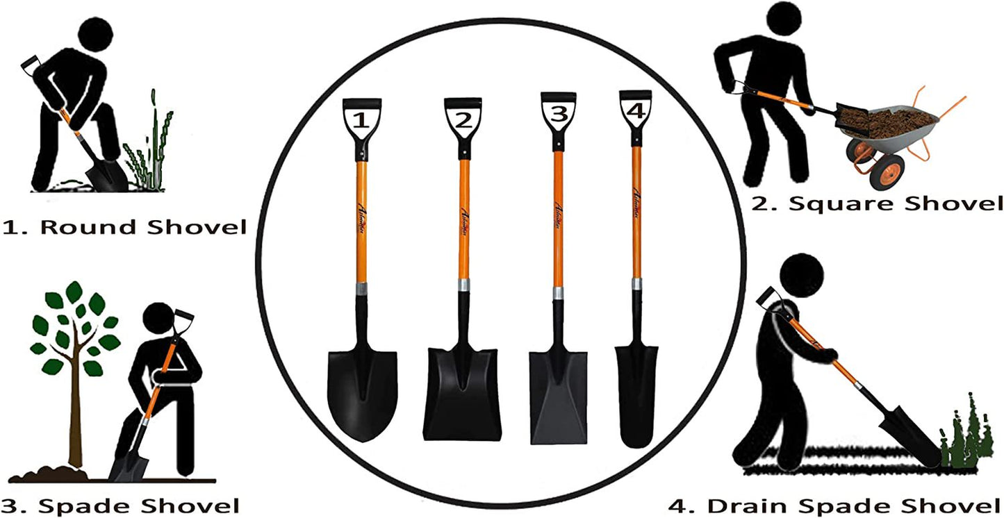 Ashmanonline Assorted Shovels – 41 Inches Long D Handle Grip –  Metal Round, Square, Spade, and Drain Spade Shovels (4 Pcs)