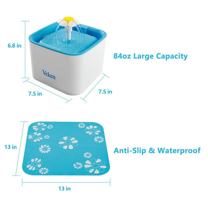 Veken 84oz/2.5L Pet Fountain,Cat Dog Water Fountain with 3 Replacement Filters & 1 Silicone Mat ,Blue