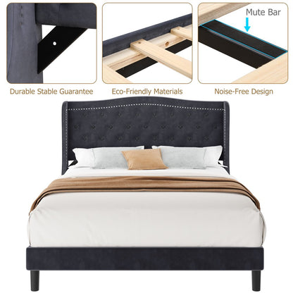 Homfa Full Bed Frame for Kids, Modern Bed Frame with Wing-Back Button Tufted Upholstered Headboard, Dark Gray