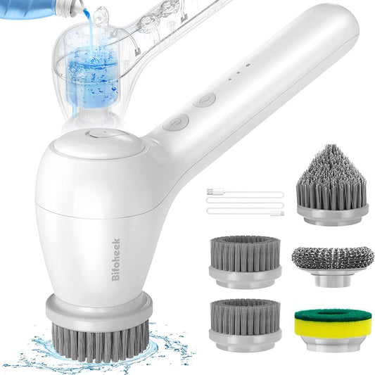 Electric Spin Scrubber, Bifoheek Power Cleaning Brush with Auto Detergent Dispenser and 5 Replaceable Brush Heads Portable Handheld Scrubber for Bathroom, Kitchen, Wall, Oven, Dish, Tile, Tub, Floor