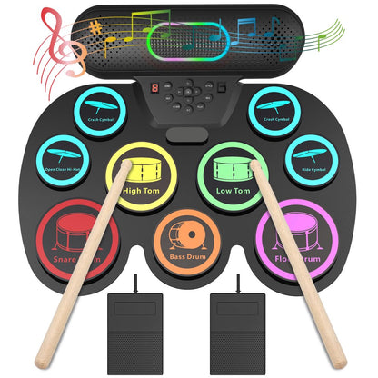 Dammyty Upgrade 9 Pads Kids Adults Electronic Drum Sets Kit with Headphone Jack and Dual Bluetooth Speaker Wireless Connection for Christmas Birthday Gift