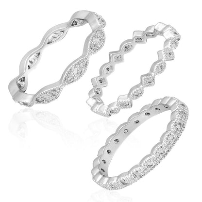 Women's Art Deco Style Fine Silver Plate Stackable Ring Set of 3 with AAA Cubic Zirconia Size 8 for Everyday Wear.