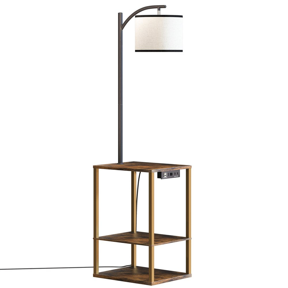 Floor Lamp with Table, Lamps for Living Room with USB Port, Attached End Table with Shelves, Brown