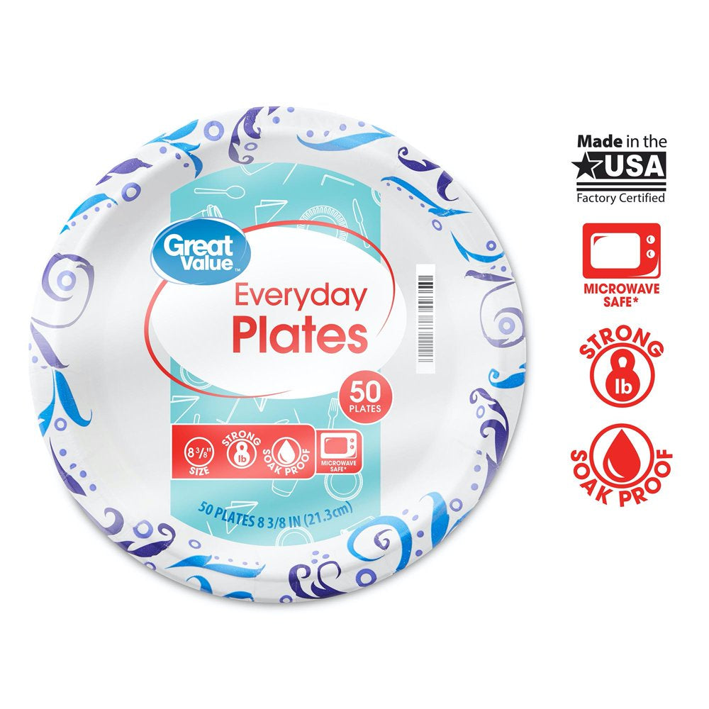 Great Value Everyday Strong, Soak Proof, Microwave Safe, Disposable Paper Plates, 8.5", Patterned, 50 Count