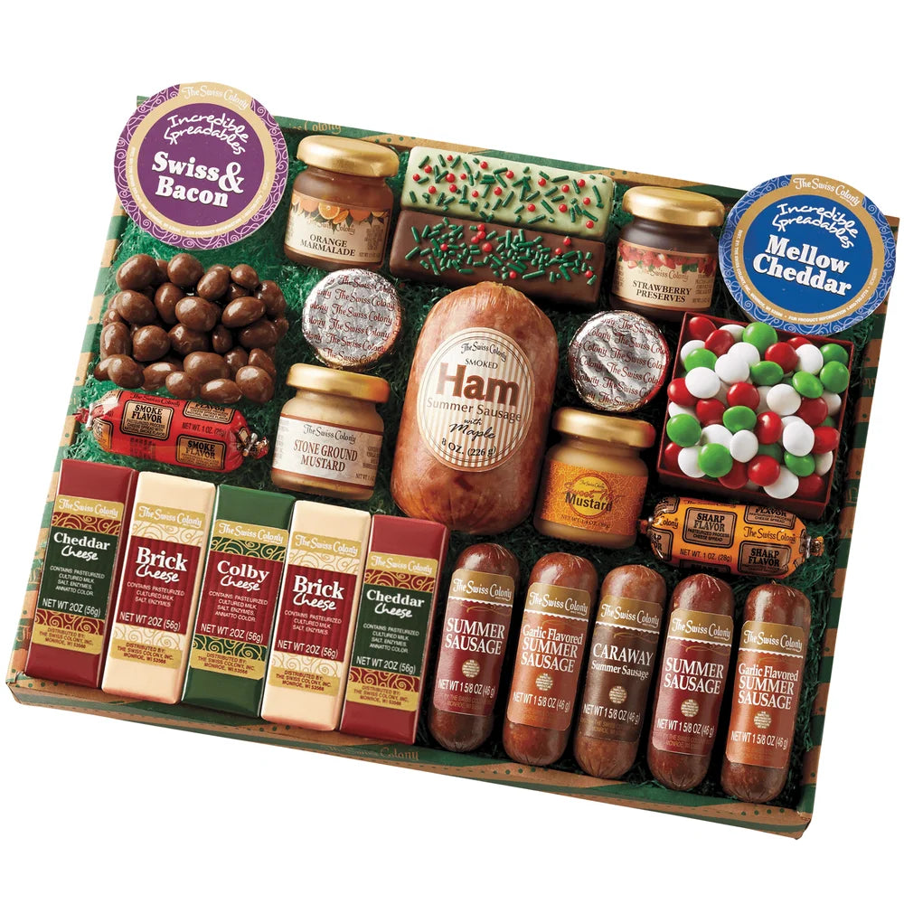 The Swiss Colony 25 Holiday Favorites - Assorted Chocolates, Sausage Meats, Cheese Blocks, and Spreadables, Sweet and Savory Variety Treats, Perfect Gift for Holidays, Christmas, or Birthdays