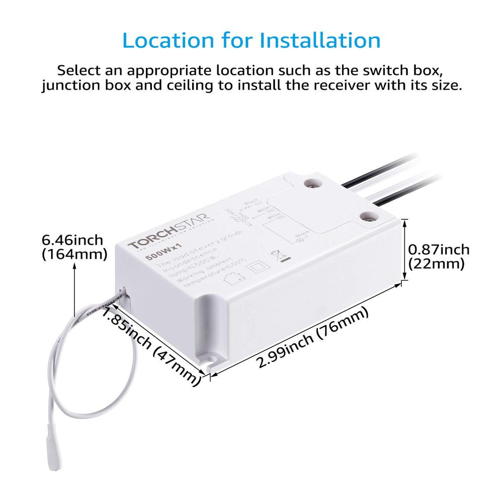 TORCHSTAR Wireless Light Switch and Receiver Kit, Simple Remote Control, On/Off No Wire Switch for Tungsten, Incandescent, Filament, LED Lights, Lamps, Signal Works up to 100ft RF Range