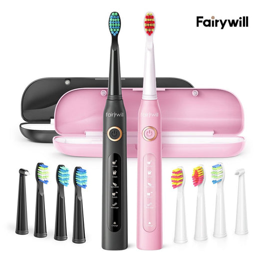 Fairywill Ultrasonic Electric Toothbrush with 5 Modes , Dual Pack Sonic Rechargeable Toothbrush for Adults with 8 Heads & 2 Travel Cases , Smart Timer , Fast Charger for 30 Days , Black & Pink