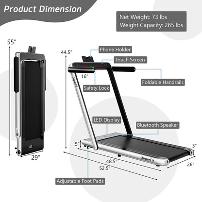 SuperFit Up To 7.5MPH 2.25HP 2 in 1 Dual Display Folding Treadmill Jogging Machine W/APP Control Dual Display Screen Silver