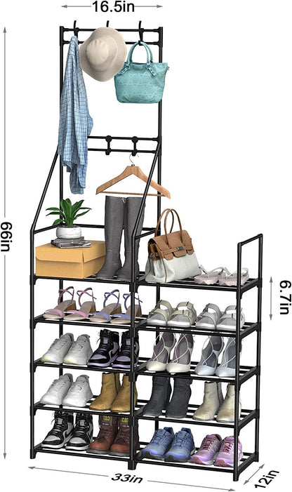 Shoe Organizer 5-Tier Multifunctional Shoe and Hat Rack for Home Office and Bedroom Entryway Black