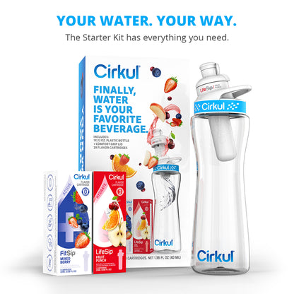 Cirkul 22 Oz Plastic Water Bottle Starter Kit with Blue Lid and 2 Flavor Cartridges (Fruit Punch & Mixed Berry)