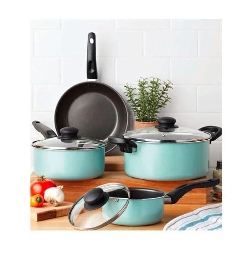 7 Piece Non-Stick Cookware Set Aluminum Mint, Dishwasher Safe