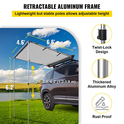  Car Side Awning, 4.6'x6.6', Pull-Out Retractable Vehicle Awning Waterproof UV50+, Telescoping Poles Trailer Sunshade Rooftop Tent w/ Carry Bag for Jeep/SUV/Truck/Van Outdoor Camping Travel, Grey