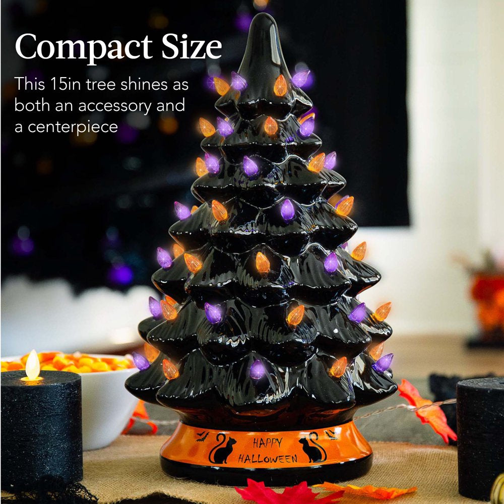  15in Pre-Lit Ceramic Tabletop Halloween Tree, Holiday Decoration w/ Orange & Purple Bulb Lights