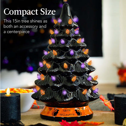  15in Pre-Lit Ceramic Tabletop Halloween Tree, Holiday Decoration w/ Orange & Purple Bulb Lights