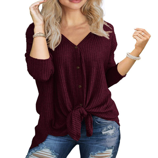 JWD Womens Loose Blouse Long Sleeve V Neck Button Down T Shirts Tie Front Knot Casual Tops Wine Red L