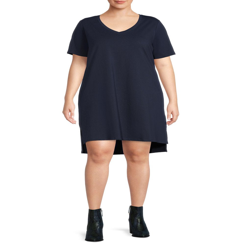  Women'S plus Size V-Neck T-Shirt Dress with High Low Hem