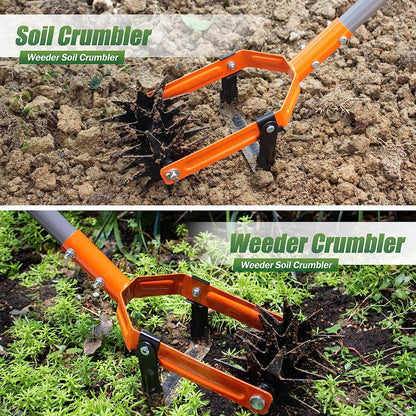 Rotary Cultivator Tool, Adjustable Garden Hand Tiller with Stainless Steel Pole, 2-in-1 Garden Weeder and Crumbler Soil Cultivator Tool with Weeding Knife for Soil Mixing or Reseeding Grass