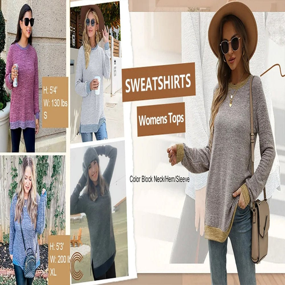 Fantaslook Sweatshirt for Women Long Sleeve Tunic Tops Color Block Crewneck Sweatshirts Side Split