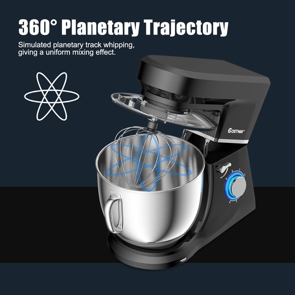 Costway Tilt-Head Stand Mixer 7.5 Qt 6 Speed 660W with Dough Hook, Whisk & Beater Black