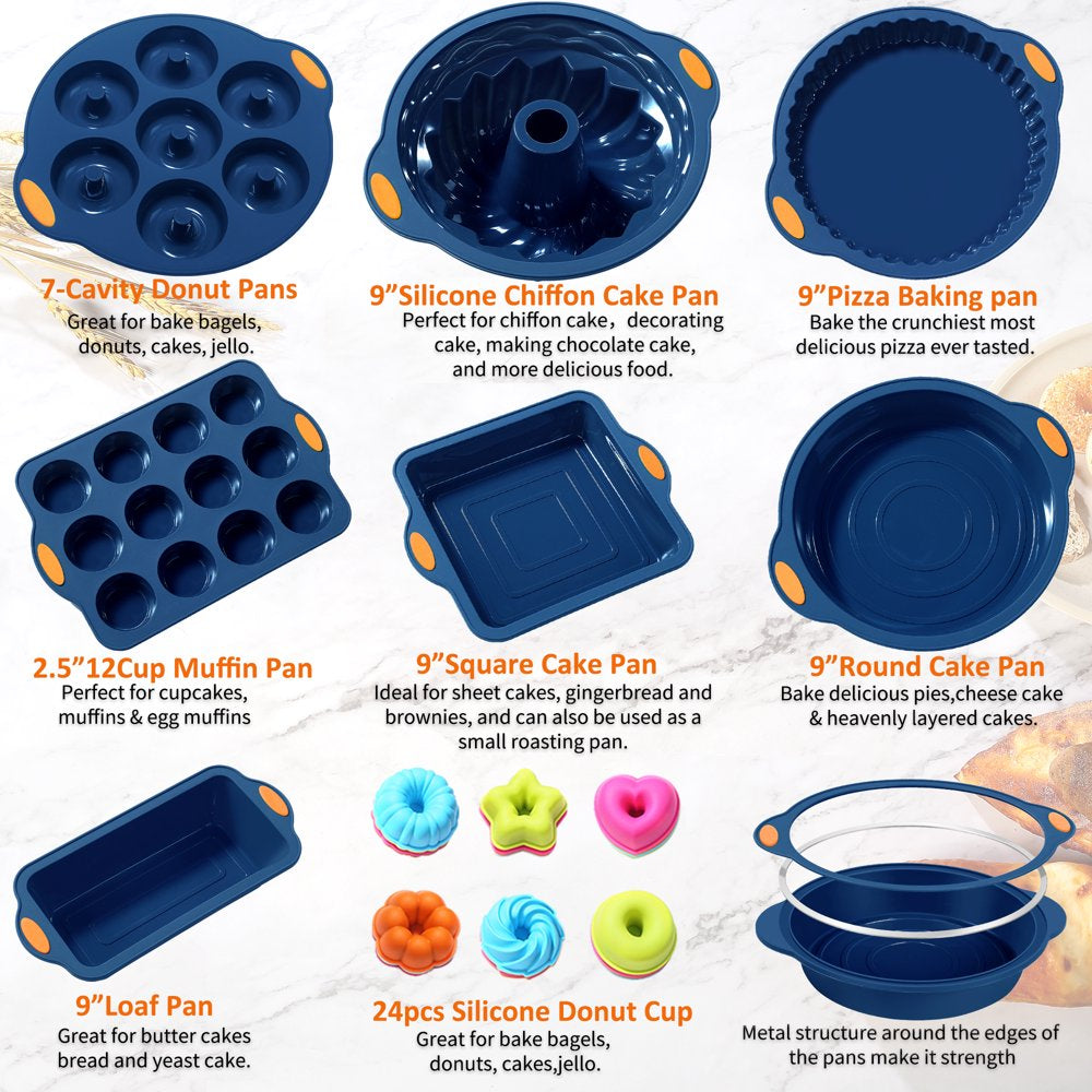  31 Pieces Silicone Baking Pans Set, Nonstick Bakeware Sets, BPA Free Silicone Molds, with Metal Reinforced Frame More Strength, Navy Blue