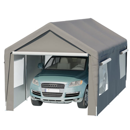 10 X 20 Ft. Heavy Duty Steel Outdoor Carport Storage Boat Shed Canopy Garage Car Shelter Portable Party Tent Adjustable Height with Window Sidewalls and Doors, Gray