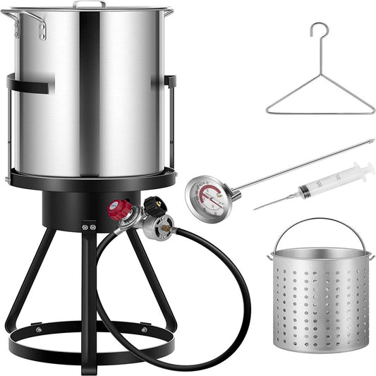 SPECSTAR 30 Qt. Aluminum Turkey Deep Fryer Pot with Injector Thermometer Kit and 54, 000 BTU Outdoor Propane Stove Burner Stand for 20 Lbs Turkey