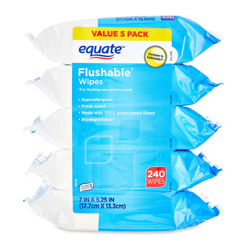  Fresh Scent Flushable Wipes, 5 Resealable Packs (240 Total Wipes)