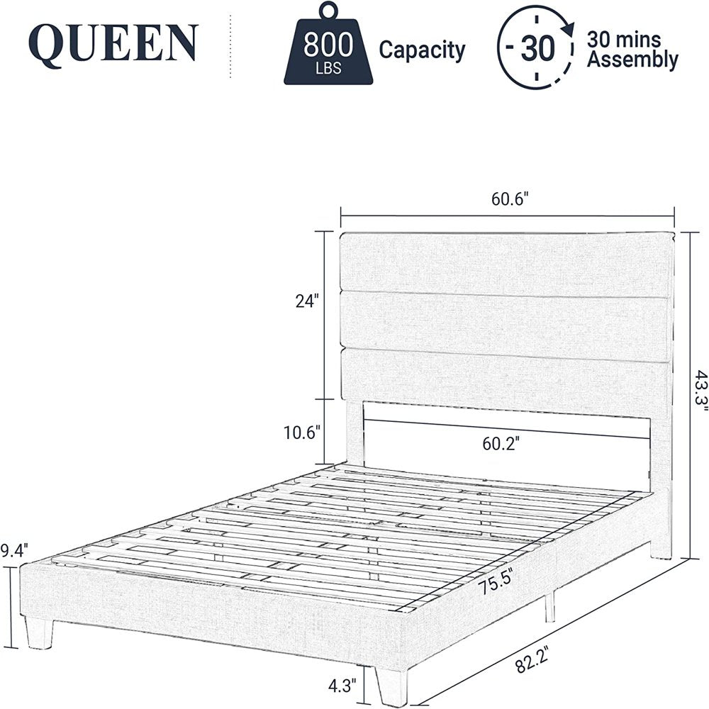 Allewie Queen Size Platform Bed Frame with Fabric Upholstered Headboard, Dark Grey