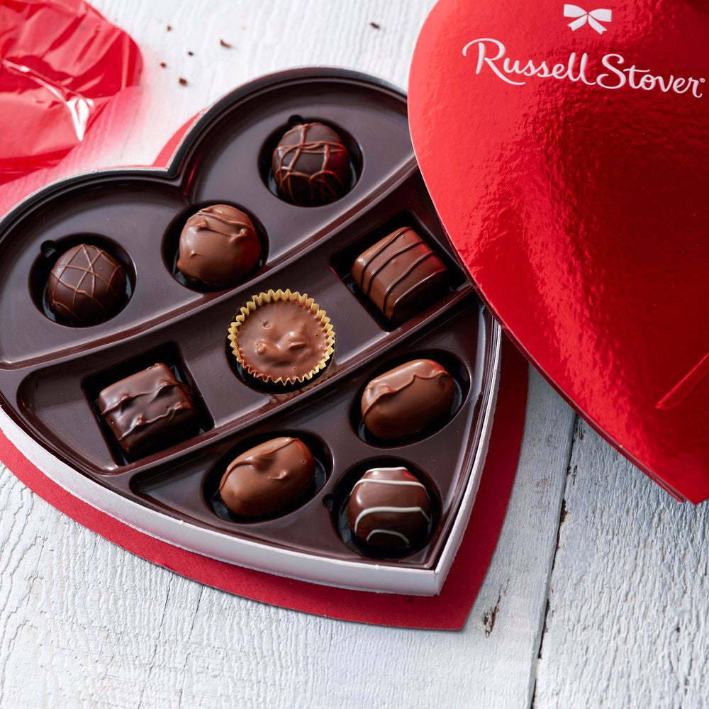 Russell Stover Valentine's Day Red Foil Heart Assorted Milk & Dark Chocolate Gift Box, 5.1 oz. (9 Pieces)